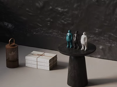 Modern Black Side Table With Decorative Figurines And Wooden Lantern Nearby 3d model