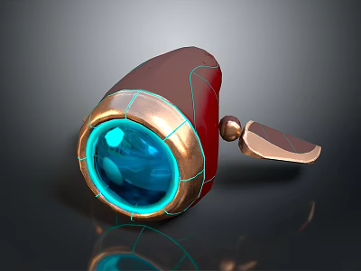 Futuristic Red And Copper Device Featuring Blue Glowing Lens Metallic Frame And Handle 3d model