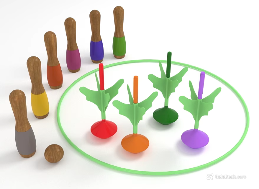 Colorful Wooden Sports Equipment Set with Bowling Pins Spinning Tops and Green Ring 3d model 