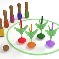 Colorful Wooden Sports Equipment Set with Bowling Pins Spinning Tops and Green Ring