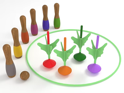 Colorful Wooden Sports Equipment Set with Bowling Pins Spinning Tops and Green Ring 3d model