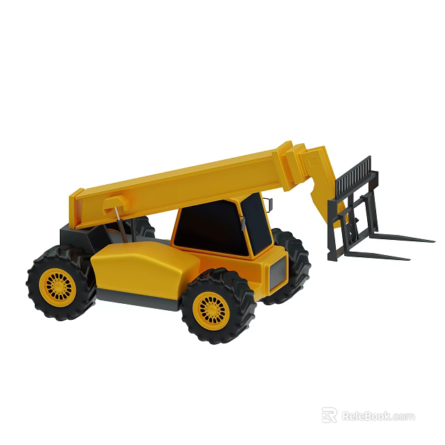 Yellow Utility Vehicle with Telescopic Arm Forklift Tines and Large Tires 3d model 