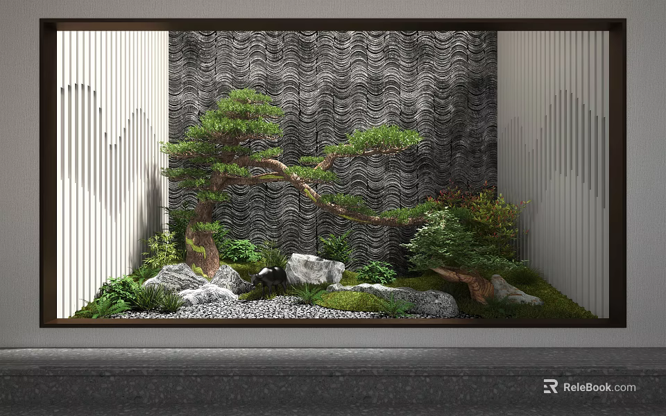 Japanese Garden Feature With Pine Tree Stones Moss Pebbles And Wavy Textured Wall 3d model 