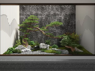 Japanese Garden Feature With Pine Tree Stones Moss Pebbles And Wavy Textured Wall 3d model