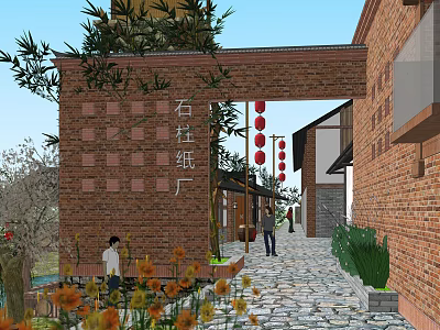 Ancient Architecture Entrance With Red Brick Wall Archway Red Lanterns Stone Path And Green Plants 3d model