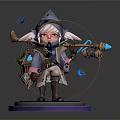 Adorable Cloaked Little Girl Character With Staff Surrounded By Blue Butterflies On Pedestal