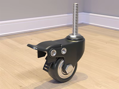 Black Caster Wheel With Brake Threaded Stem And Metal Bearing On Wooden Floor 3d model