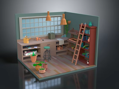 Cartoon Cozy Workshop Scene With Window Pendant Lights Wooden Ladder Shelves And Potted Plants 3d model