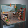 Cartoon Cozy Workshop Scene With Window Pendant Lights Wooden Ladder Shelves And Potted Plants