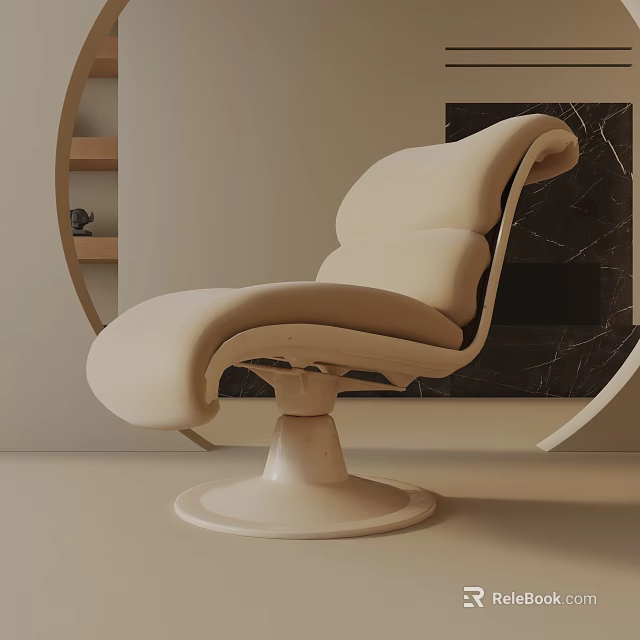 Modern Beige Leisure Chair With Curved Backrest Swivel Base And Black Marble Wall 3d model 