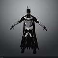 Man Wearing Black and White Batman Costume with Cape Standing on Gray Background