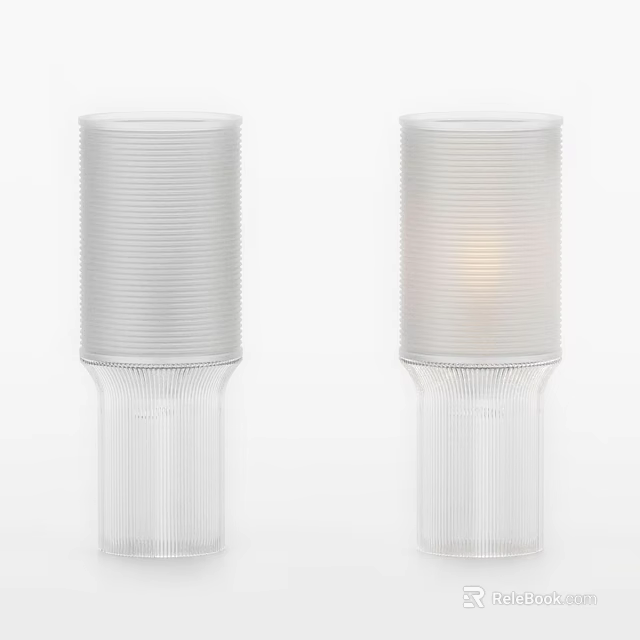 Pair of Modern Transparent Ribbed Cylindrical Glass Table Lamps Lit with Soft Glow 3d model 