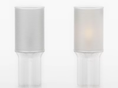 Pair of Modern Transparent Ribbed Cylindrical Glass Table Lamps Lit with Soft Glow 3d model
