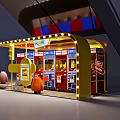 Vibrant Yellow Amusement Booth With Colorful Game Machines And Cartoon Pig Figures