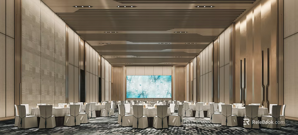 Elegant Modern Banquet Hall Interior With Large Screen Dining Tables And Chairs 3d model 