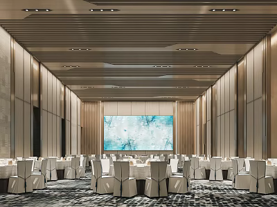 Elegant Modern Banquet Hall Interior With Large Screen Dining Tables And Chairs 3d model