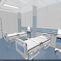 Modern Hospital Ward Interior With Blue Flooring White Beds And Nurse Station