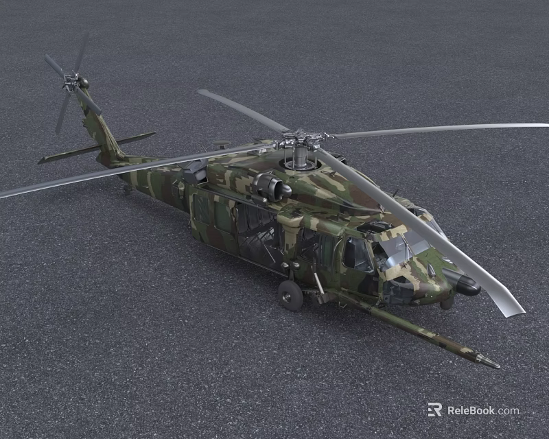 Military Helicopter With Camouflage Paint Parked On Gray Ground Featuring Main Rotors And Tail Rotor 3d model 