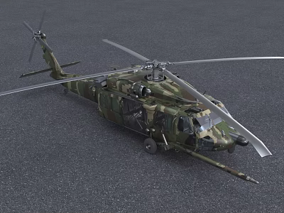 Military Helicopter With Camouflage Paint Parked On Gray Ground Featuring Main Rotors And Tail Rotor 3d model