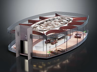 Modern Café Interior Design With Oval Structure Wooden Metal Roof And Marble Flooring 3d model