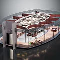 Modern Café Interior Design With Oval Structure Wooden Metal Roof And Marble Flooring