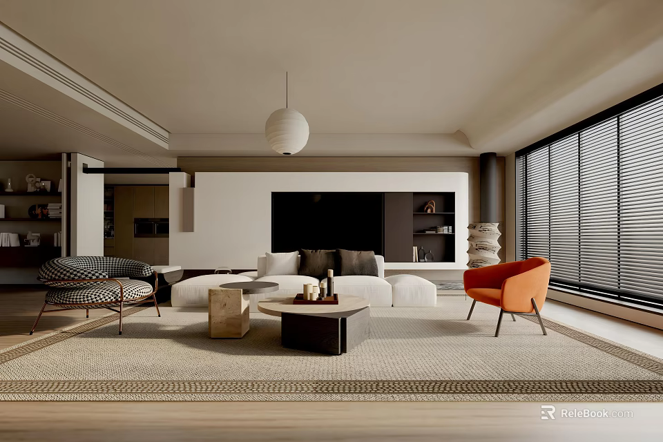 Modern Living Room Interior With White Sofa Orange Chair Coffee Table Pendant Light And Rug 3d model 