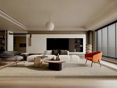 Modern Living Room Interior With White Sofa Orange Chair Coffee Table Pendant Light And Rug 3d model