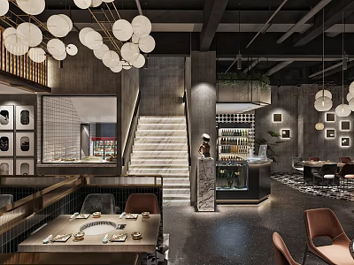 Modern Restaurant Interior With Chandeliers Staircase Dining Tables And Bar Counter 3d model
