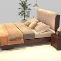 Double Bed with Upholstered Headboard and Wooden Frame Flanked by Nightstands with Table Lamps and Pillows