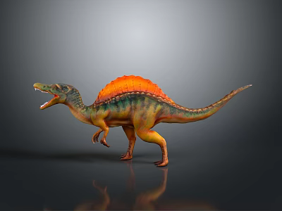 Spinosaurus Dinosaur Model With Orange Sail Green Body And Yellow Skin On Grey Background 3d model