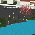 Plaza Landscape With Water Area Green Trees Reeds And Blue Sky Clouds