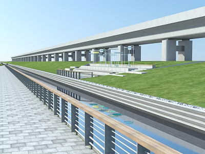 Modern Landscape Design Featuring Elevated Railway Track Green Lawn Stone Pavement And Railing 3d model