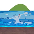 Decorative Scene With Paddler Silhouette Waves Mountains Clouds Boat And Birds