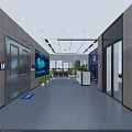 Modern Public Office Area with Reception Desk Large Screen Display and Indoor Plants