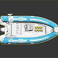 Blue and White Inflatable Boat Featuring Red Flag Yellow Gear Transparent Windscreen for Water Transport