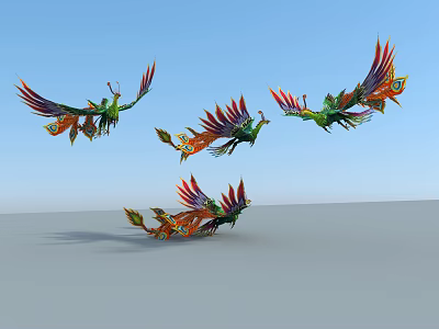 Colorful Flying Animals With Vibrant Feathers And Wings Flying In Blue Sky 3d model