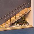 Modern Wooden Staircase With Metal Railing Dark Wall Decorative Plants And Living Plant Wall