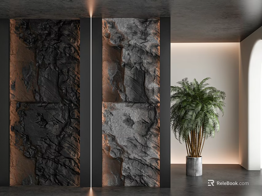 Elegant Textured Stone Wood Paneling in Modern Interior with Green Potted Plant 3d model 
