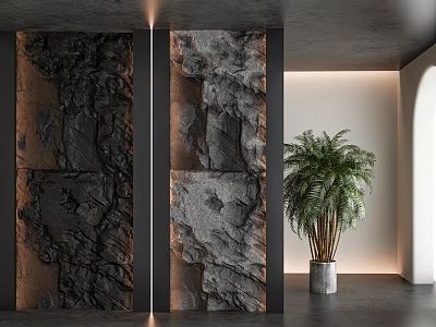 Elegant Textured Stone Wood Paneling in Modern Interior with Green Potted Plant 3d model