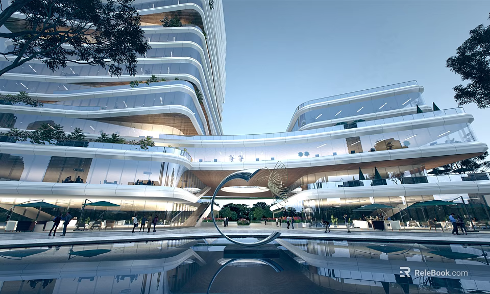 Modern High Rise Office Building With Glass Curtain Walls Greenery Water Pool And People Around 3d model 