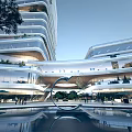 Modern High Rise Office Building With Glass Curtain Walls Greenery Water Pool And People Around