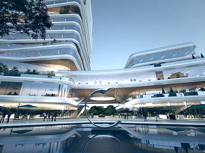 Modern High Rise Office Building With Glass Curtain Walls Greenery Water Pool And People Around 3d model