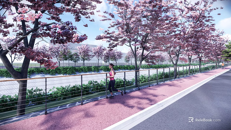 Scenic Park Landscape With Cherry Blossom Trees Jogger Green Path And Lush Plants 3d model 