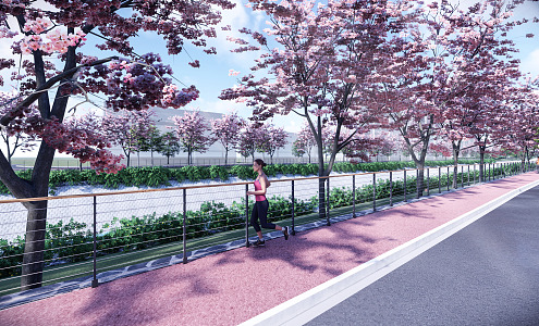 Modern Park River Landscape Railing Canal Sakura Road Revetment 3d model