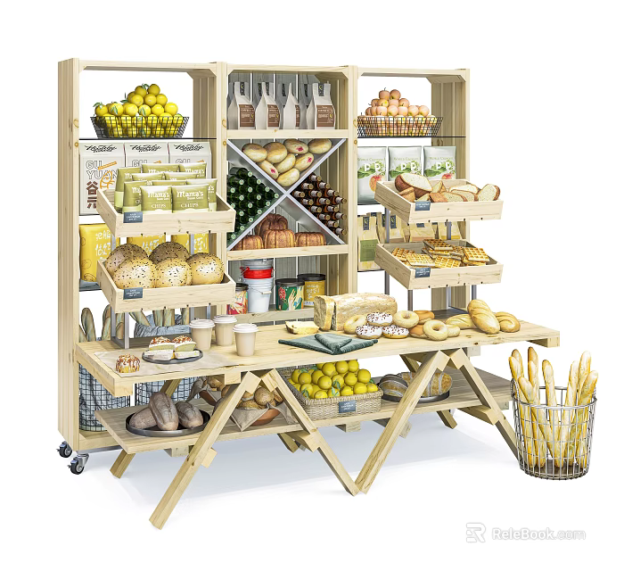 Wooden Display Shelving with Bread Fruits Bottled Drinks Baguettes and Donuts 3d model 