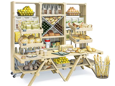 Wooden Display Shelving with Bread Fruits Bottled Drinks Baguettes and Donuts 3d model