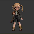 3D Character Woman With Blonde Pigtails Gray Jacket White Shirt Shorts Holding Rifle And Brown Boots