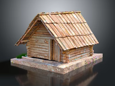 Log Cabin Model With Wooden Slatted Roof Log Walls Wooden Door Stone Base And Grass 3d model