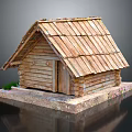 Log Cabin Model With Wooden Slatted Roof Log Walls Wooden Door Stone Base And Grass