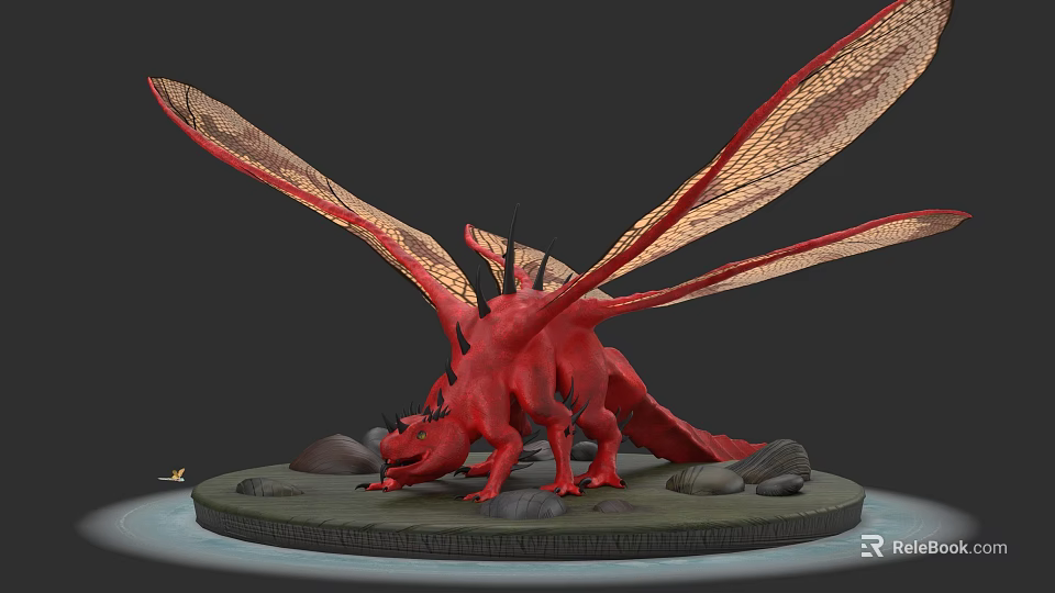 Mythical Red Dragon With Large Textured Wings Standing On Rock Platform 3d model 
